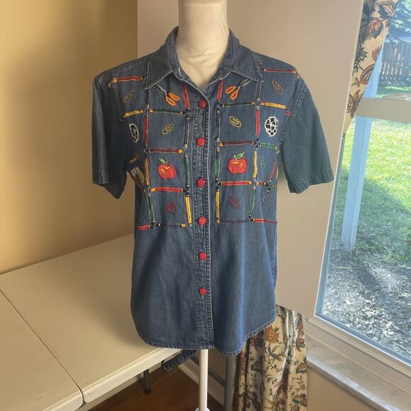 VTG Teacher School Novelty Embellished Womens Top Sz M Denim Y2K Button Up Cute - Picture 10 of 15